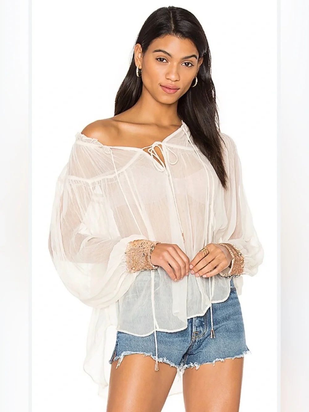Free People Dream Cuff Sheer Beige Peasant Blouse with Sequin Cuffs